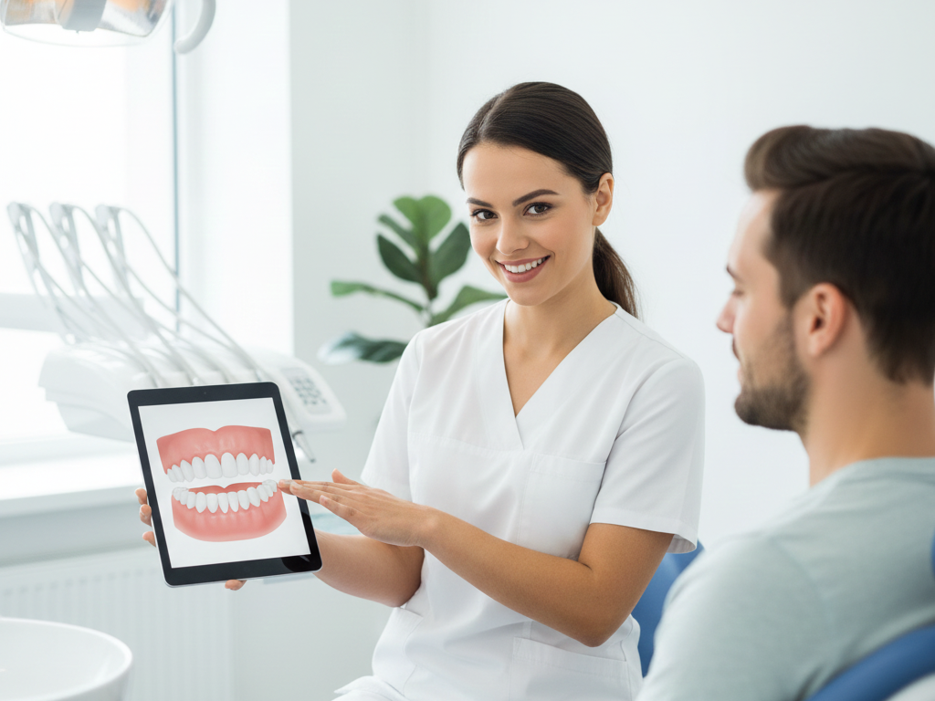 A dentist showing a patient a dental illustration on a tablet in a clean, modern clinic, representing when to seek professional help for persistent gum itching.