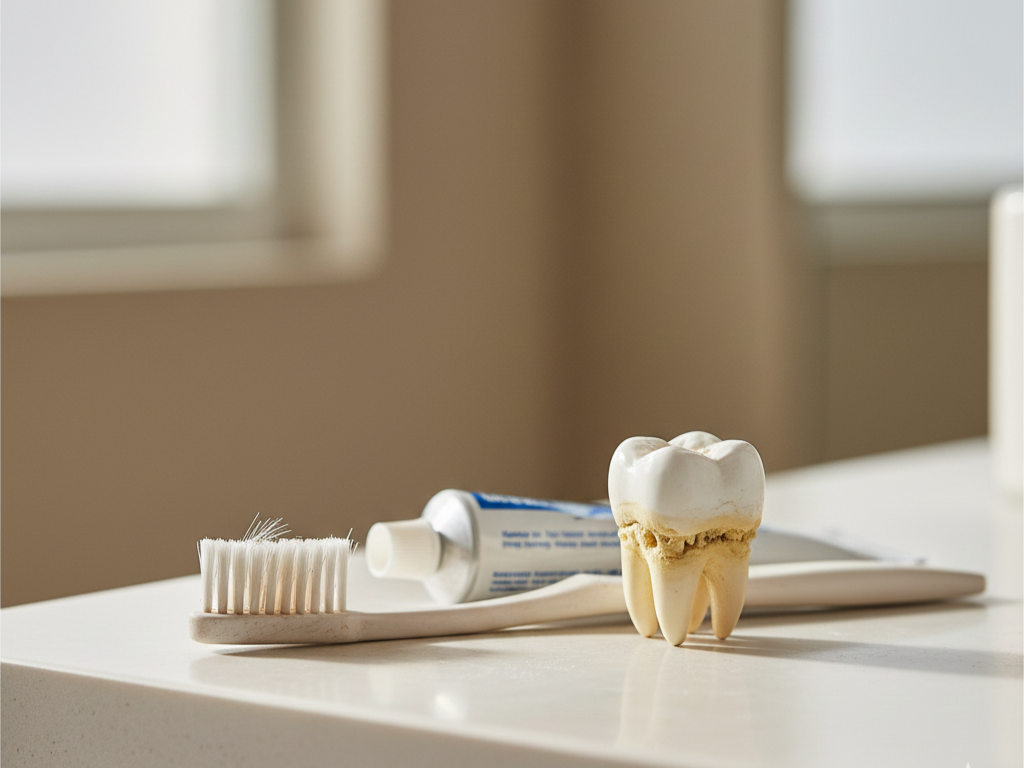 A worn-out toothbrush and dental model with visible plaque buildup on a bathroom counter, representing poor oral hygiene that can cause itchy gums.
