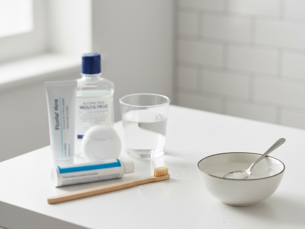 Oral care items including a soft toothbrush, toothpaste, floss, alcohol-free mouthwash, and salt water arranged neatly on a bathroom counter to represent ways to relieve itchy gums.