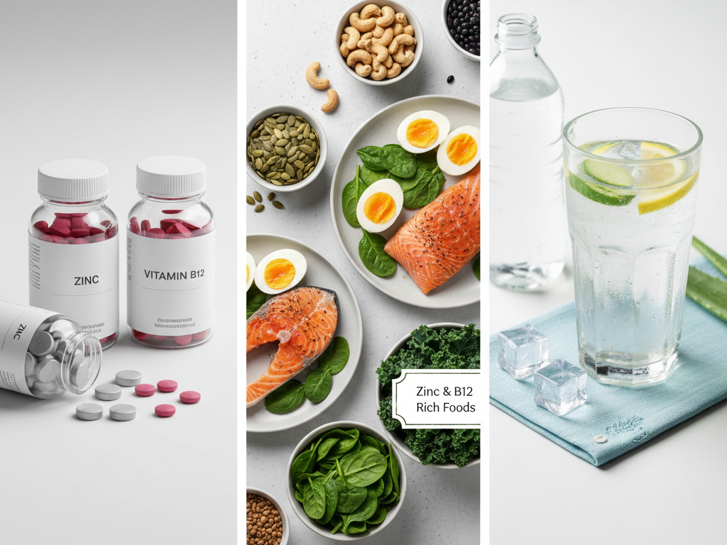 A collage of three images showing zinc and B12 supplements, zinc-rich healthy foods, and a glass of water for hydration, illustrating treatment options for taste disorders and how they relate to metallic taste in mouth dental causes.