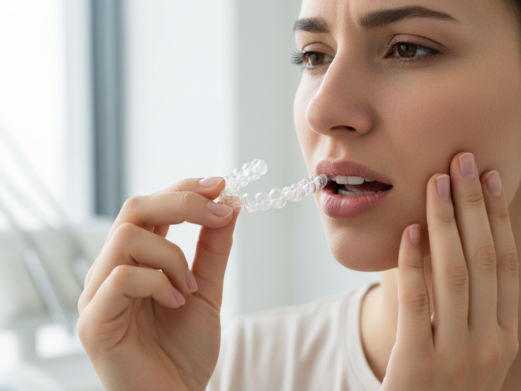A person holding a dental aligner or denture while touching their cheek, representing discomfort caused by poorly fitting dental appliances.