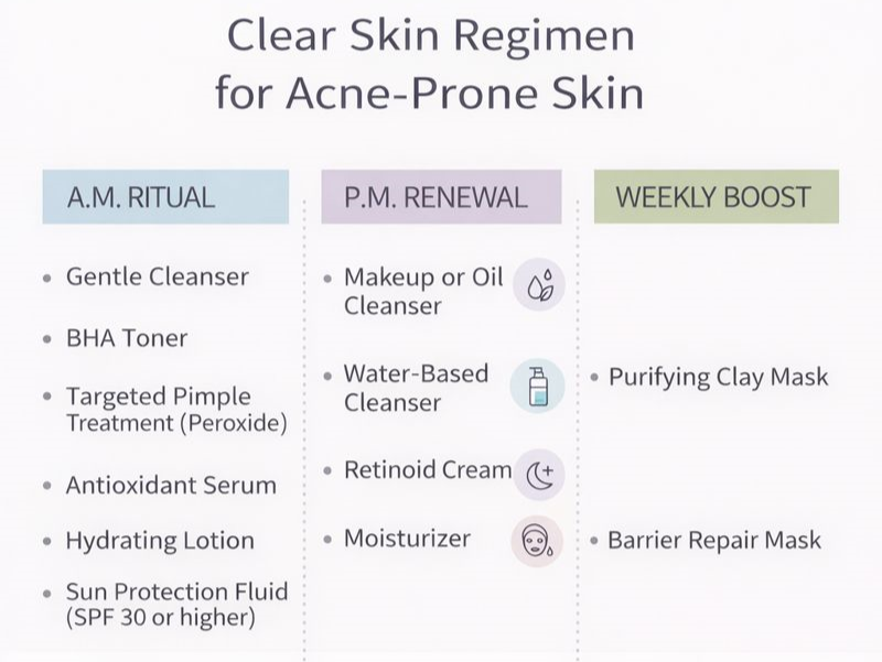 Clear skin regimen for acne-prone skin showing morning routine, evening routine, and weekly skincare treatments