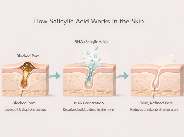 Infographic showing how salicylic acid works in the skin, from a blocked pore to BHA penetration and a clear.