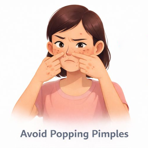 Illustration of a woman squeezing pimples on her face, highlighting why popping pimples can worsen acne