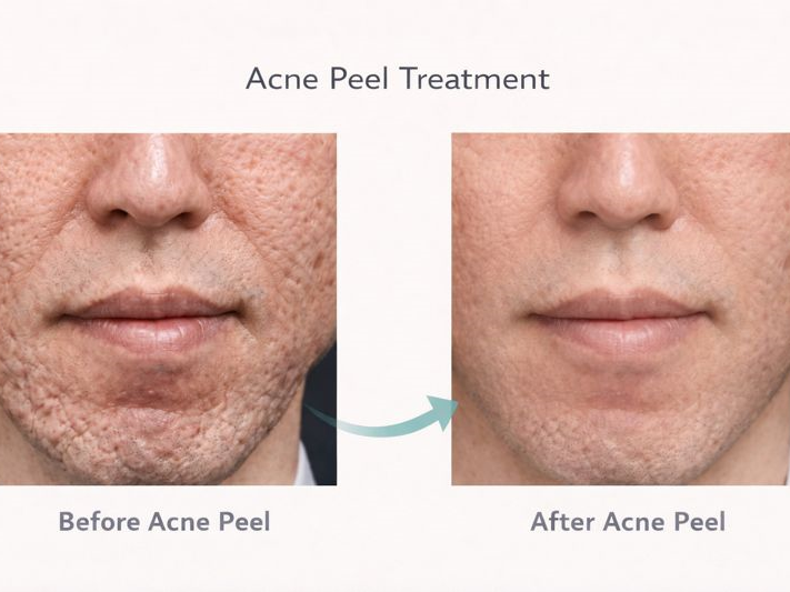 Before and after comparison showing improved skin texture following an acne peel treatment