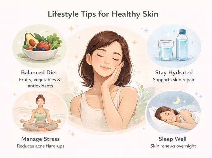 Lifestyle tips for healthy skin infographic showing balanced diet, hydration, stress management, and quality sleep