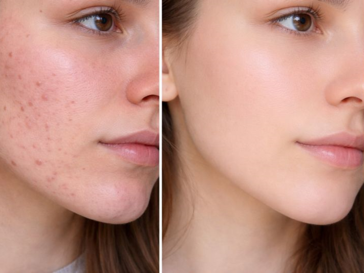 Side-by-side close-up of facial skin showing acne-affected skin compared with smoother, clearer skin after treatment.