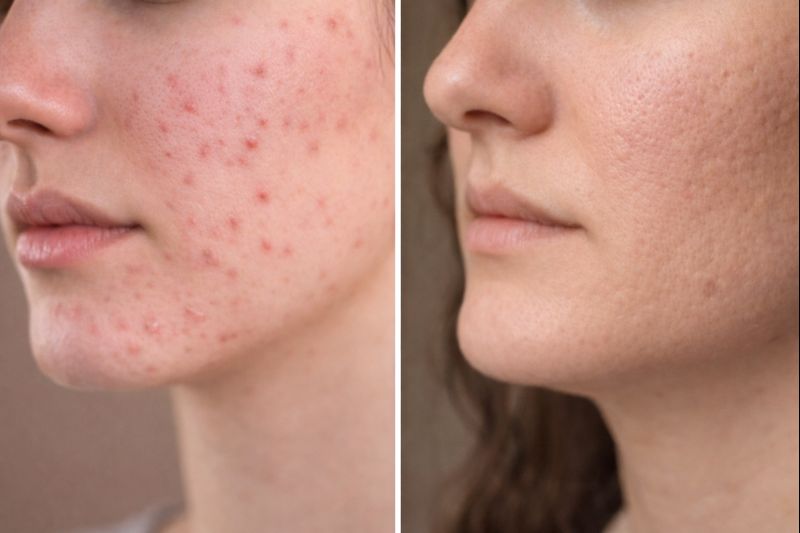 Side-by-side close-up of facial skin showing active acne on one side and improved skin texture on the other