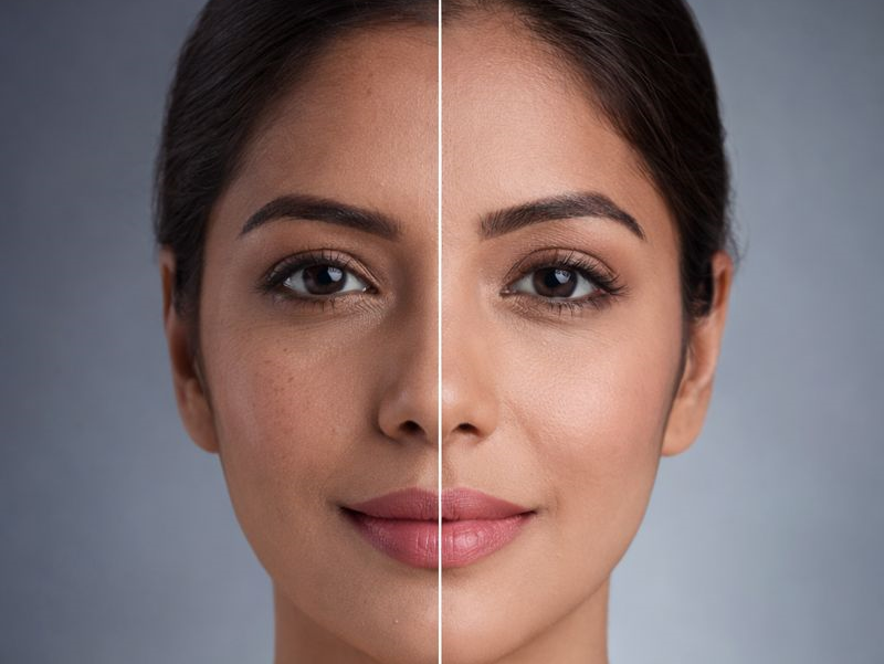 Split face portrait of awoman in her 30s showing early skin aging on one side and smooth, healthy skin on the other