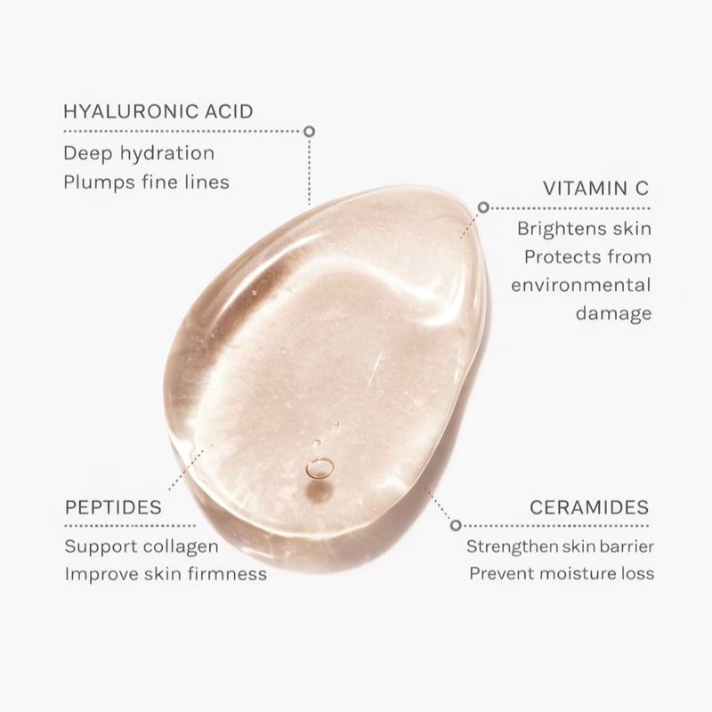 Illustration of anti-aging serum ingredients highlighting hydration, skin protection, and early aging prevention.