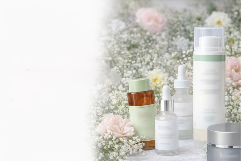 Flat lay of anti-aging skincare products with blurred labels arranged among soft floral elements on a light background.