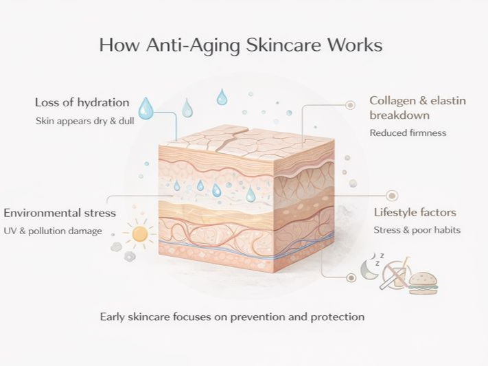 Infographic showing how anti-aging skincare works by targeting hydration loss, collagen breakdown, environmental stress, and lifestyle factors.