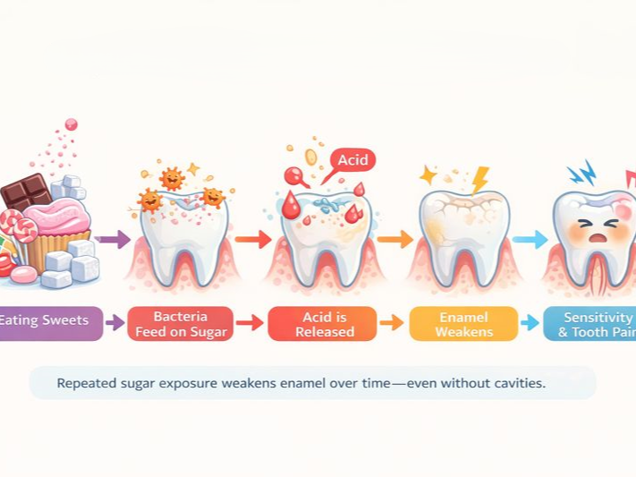 Visual explanation of why teeth hurt after eating sweets, showing sugar, bacteria, acid attack, and enamel damage.