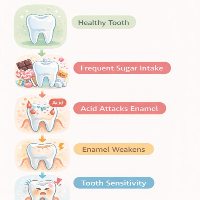 Visual explanation of why teeth hurt after eating sweets, showing sugar, bacteria, acid attack, and enamel damage.