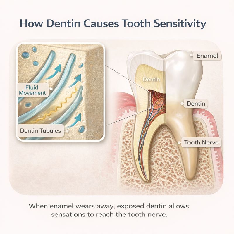 Illustration explaining how dentin and tooth nerves cause sensitivity when enamel wears away.