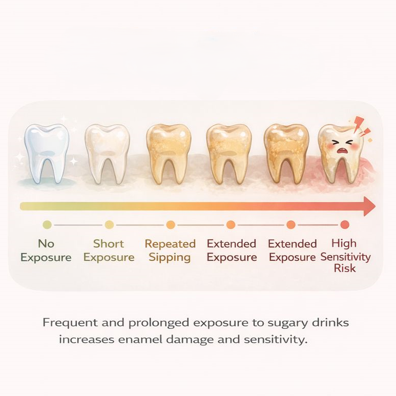 Infographic showing how sugary drinks affect teeth over time, from no exposure to enamel damage and high tooth sensitivity.