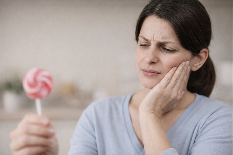 Person experiencing tooth pain after eating sweets, representing sugar-related tooth sensitivity.
