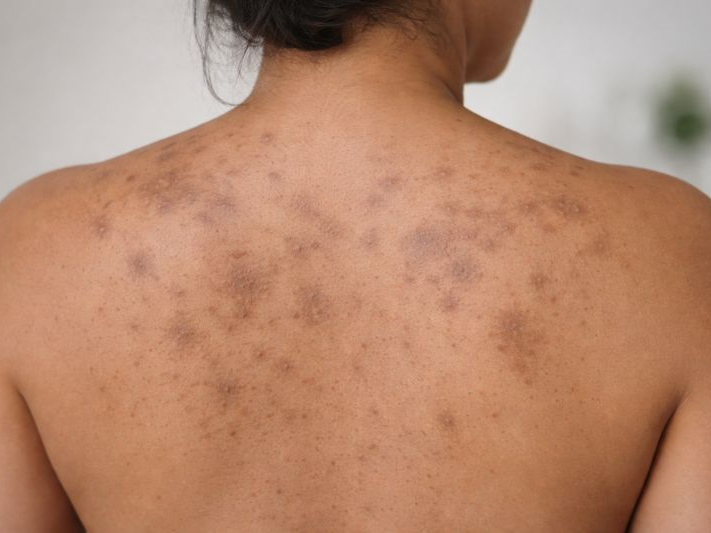 Clinical image showing dark spots and hyperpigmentation on the upper back skin.