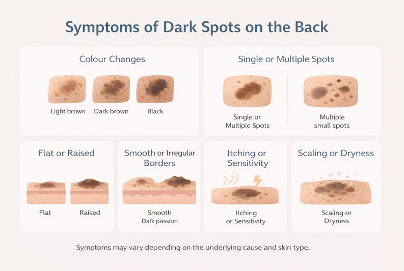 Infographic illustrating common symptoms of dark spots on the back, including color changes, size, texture, and itching.