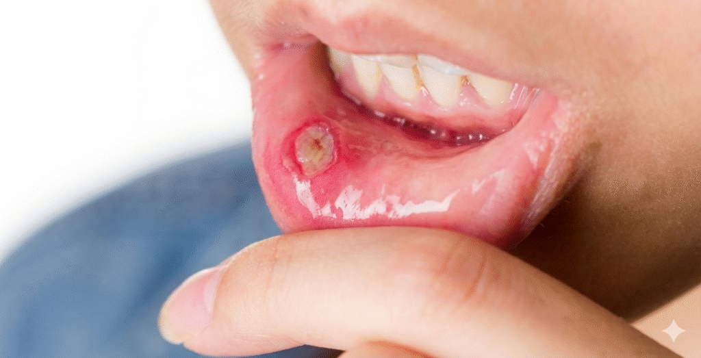 Close-up of a mouth ulcer on the inner lower lip, showing a red sore with a pale center.