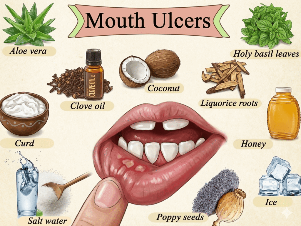 Illustration of natural home remedies for mouth ulcers including aloe vera, coconut, clove oil, licorice roots, holy basil leaves, and honey.