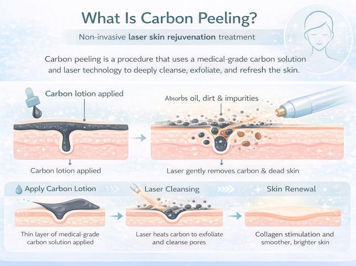 Infographic explaining how carbon peeling works using carbon lotion and laser technology to cleanse pores, exfoliate skin, and improve texture