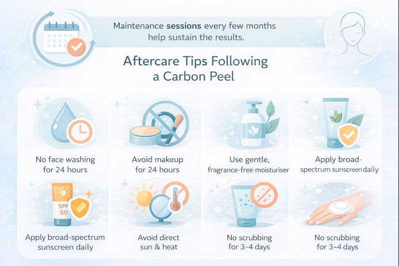 Infographic showing carbon peel aftercare tips including gentle skincare, sunscreen use, avoiding makeup, washing, sun exposure, and exfoliation