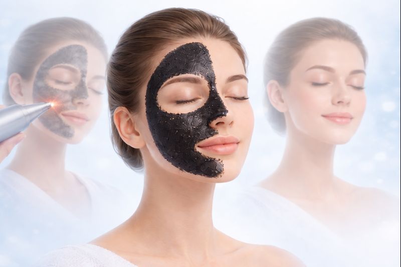 Carbon peel facial treatment showing carbon mask application, laser cleansing process, and brighter skin results in a non-invasive dermatology procedure